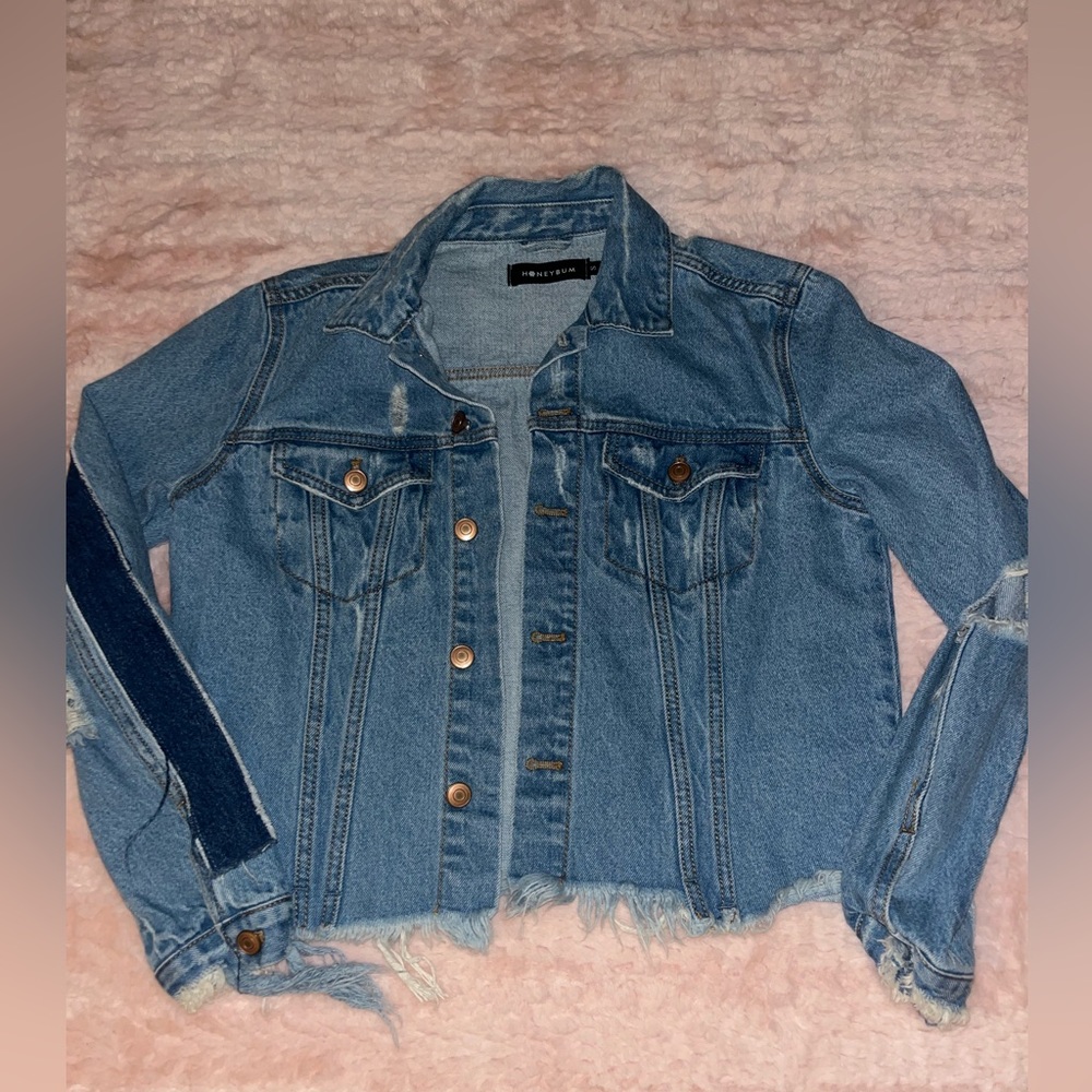 distressed jean jacket small